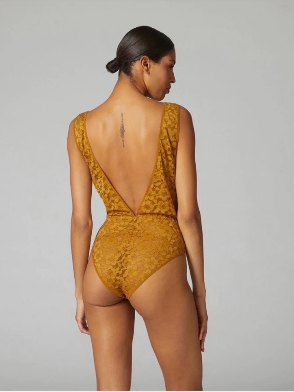 Simone Pérèle Lace Bodysuit – Mustard / Ochre – Deep V Back – Size 3 (M)